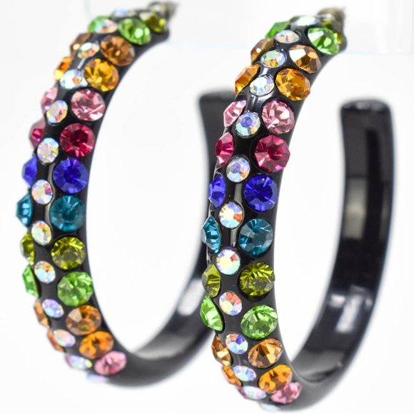 2.5" Black Multicolor Rhinestone Hoop Earrings - Picture 1 of 7